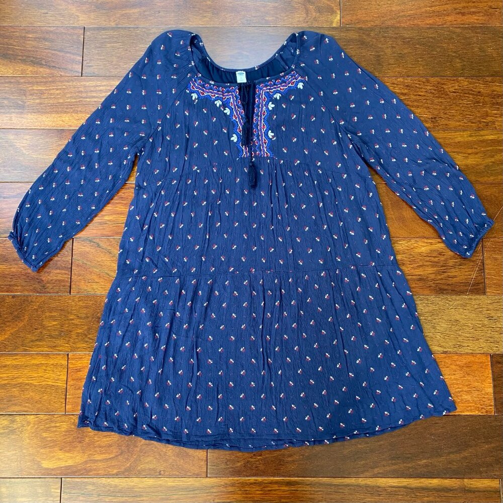 Old Navy Boho Chic Embroidered Crinkle-Gauze Swing Dress Lined Navy Blue Size L